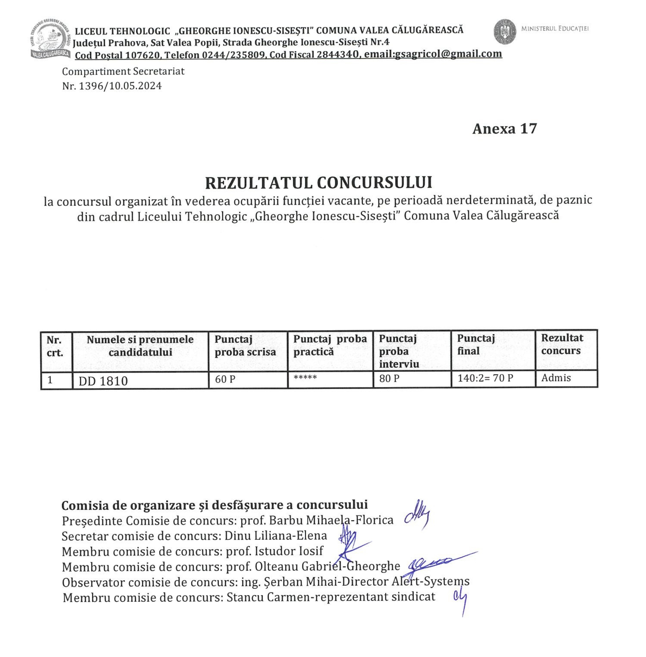 ANUNȚ ORGANIZARE CONCURS OCUPARE POST PAZNIC
