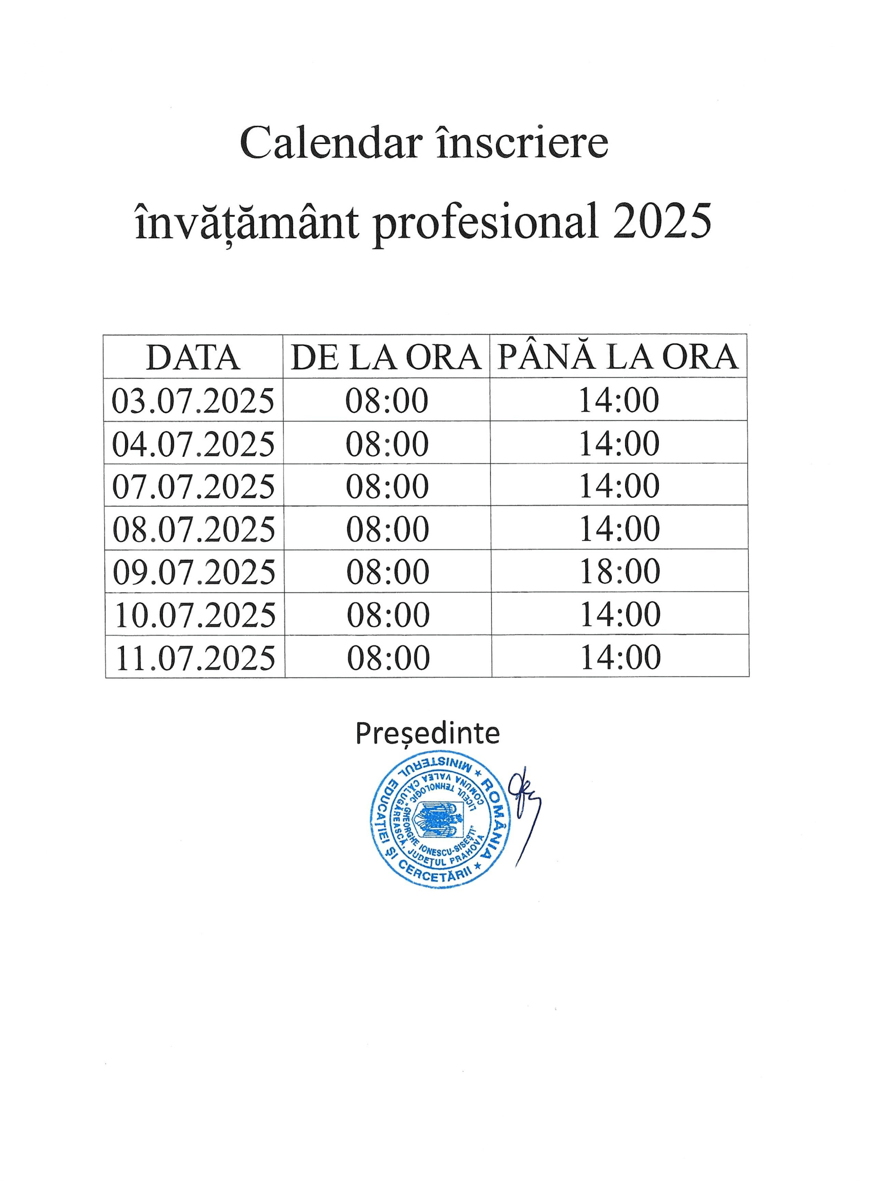 CALENDAR ADMITERE ÎNVĂȚĂMÂNT PROFESIONAL