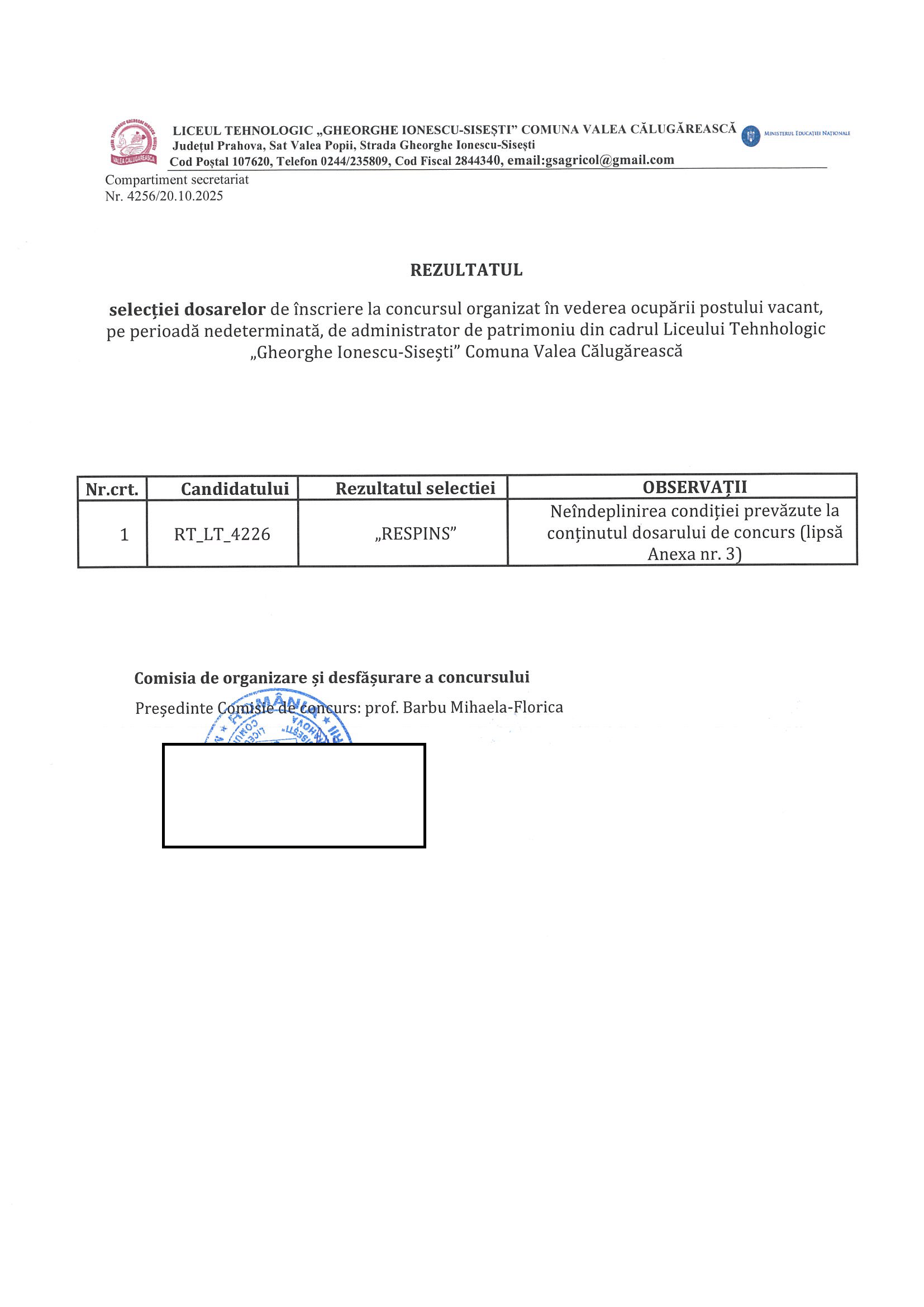 PRIVIND REZULTATE SELECTIE DOSARE CONCURS