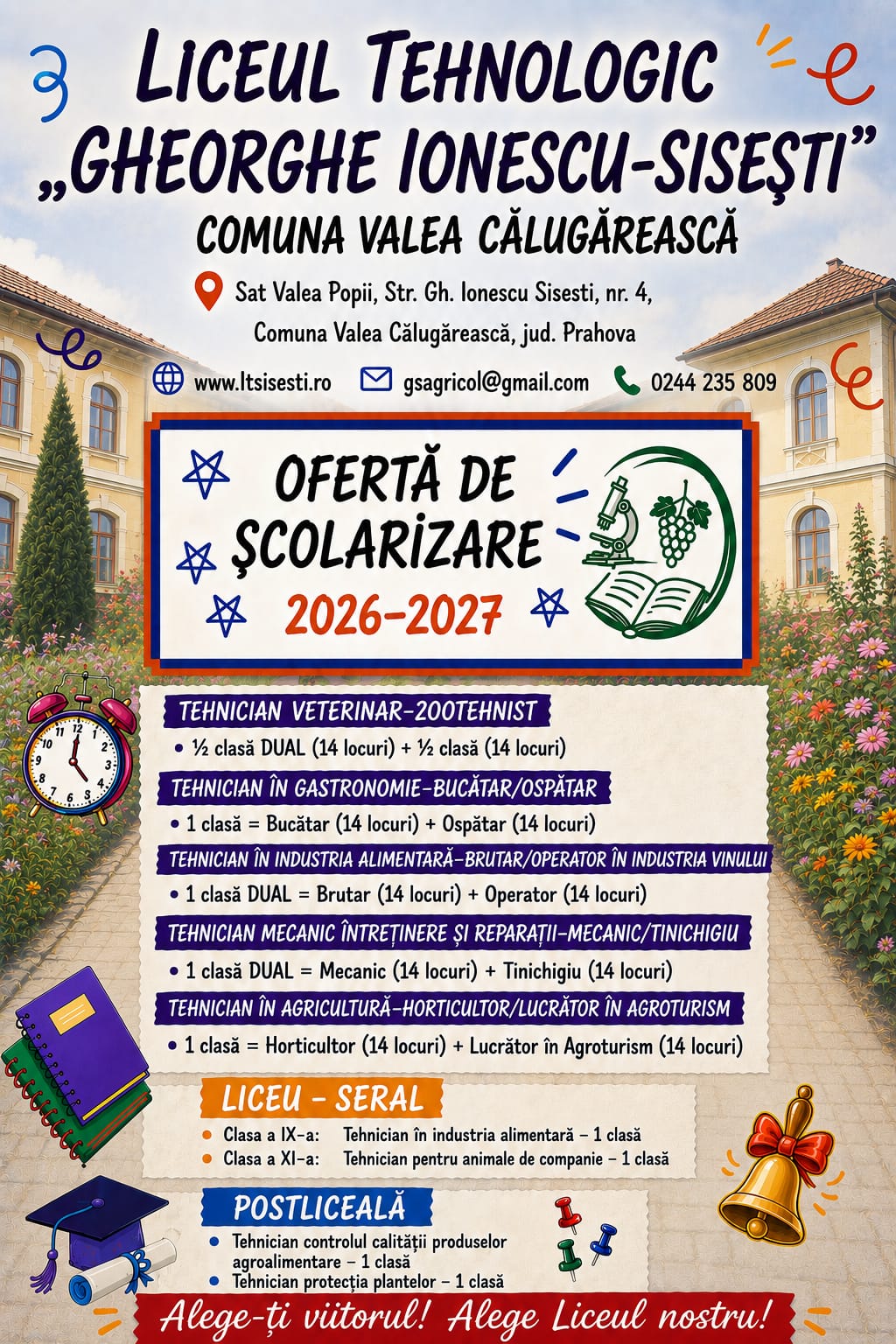 Afiș ofertă educațională 2026–2027 – Liceul Tehnologic „Gheorghe Ionescu-Sisești” Valea Călugărească
